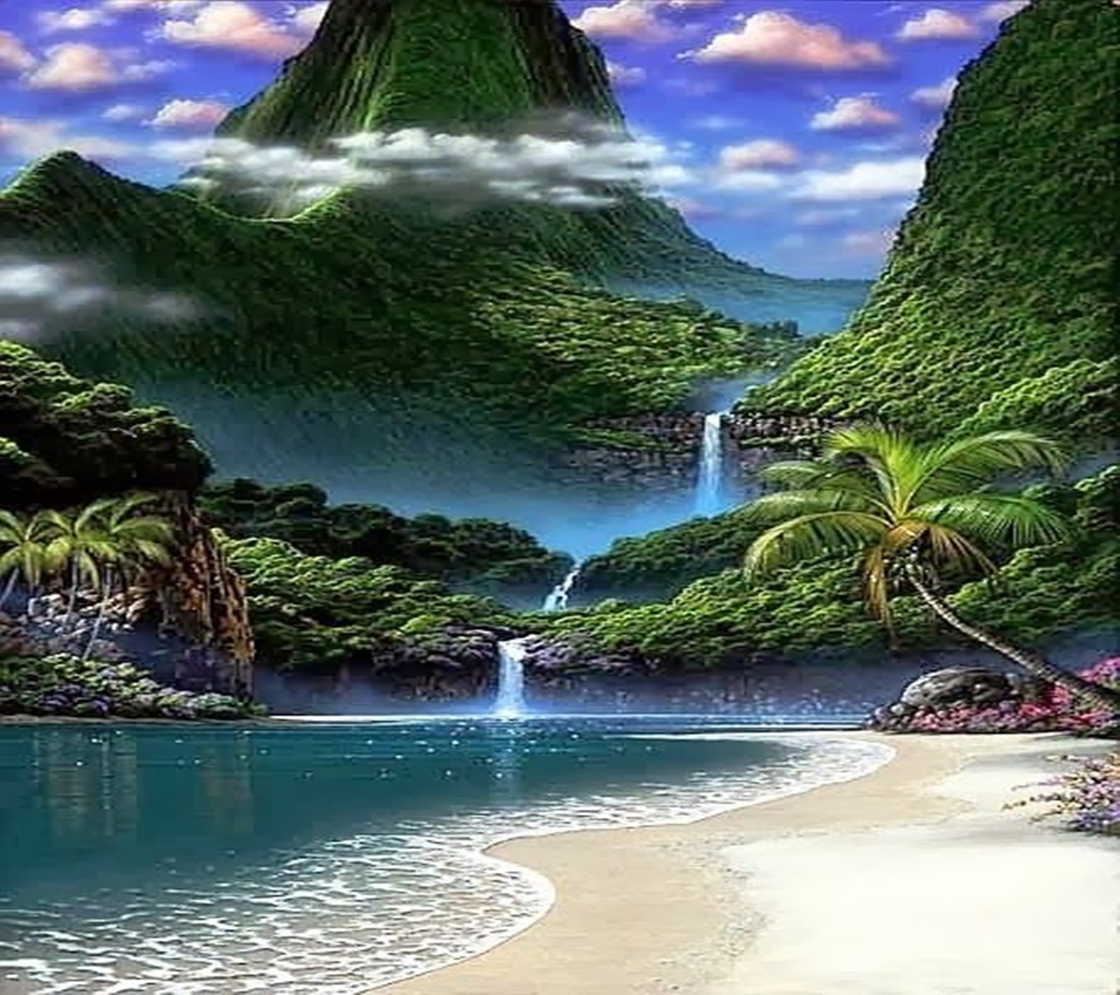 Una pintura de una playa tropical con una cascada y palmeras (paisaje, naturaleza)