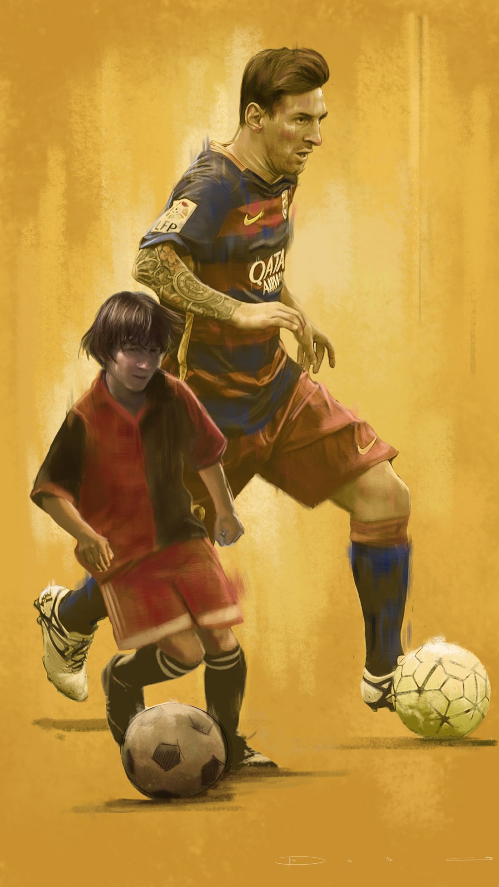 Peinture d'un homme et d'un garçon jouant au football sur un fond jaune (barcelone, barcelona, football, messi)