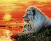 animaux, battement de cœur, lions, savane, coucher de soleil