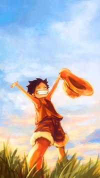 Aventure joyeuse : Luffy dans un champ du soir