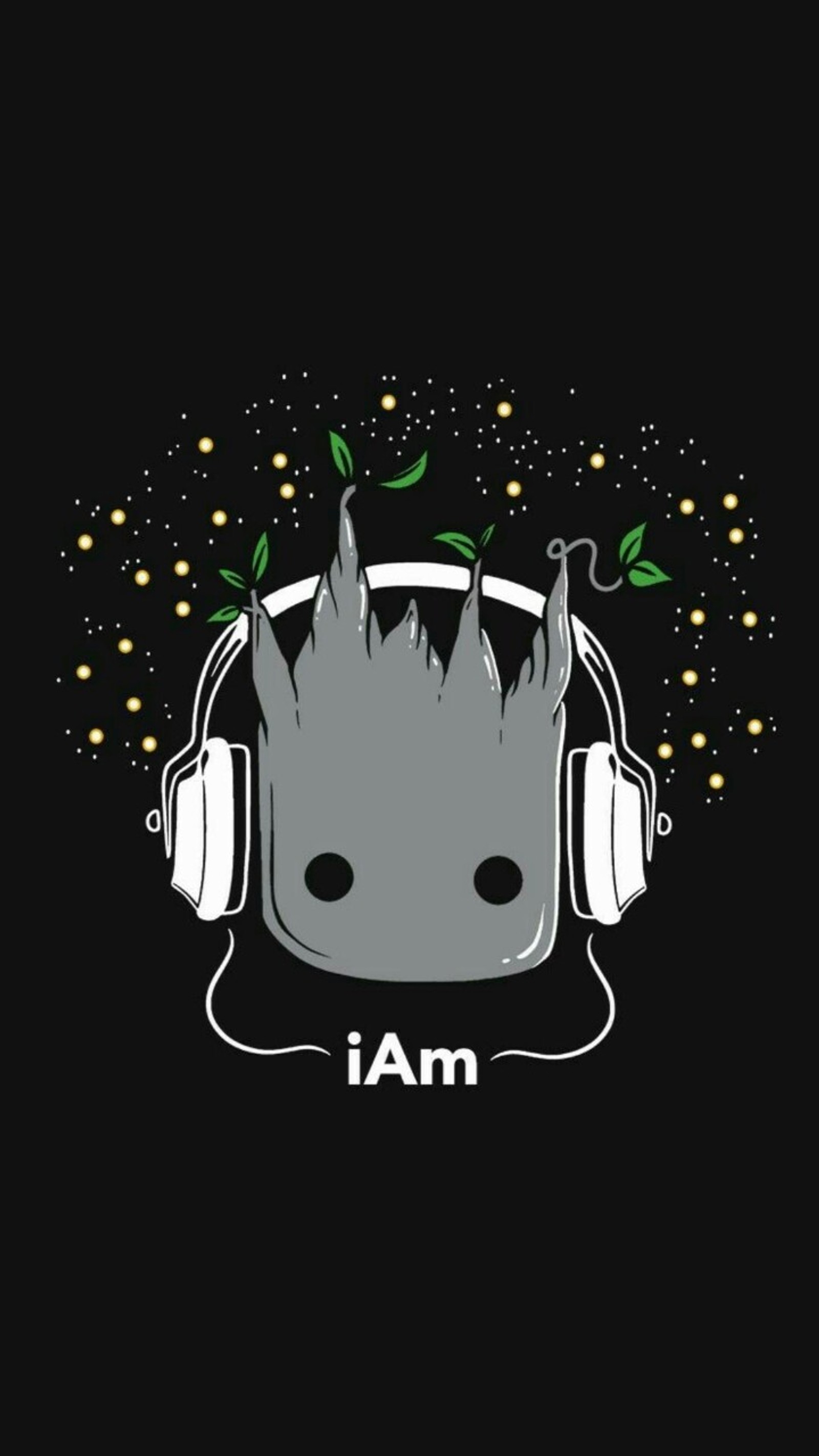 A black background with a grooter headphones and a plant growing out of it (groot, movei)