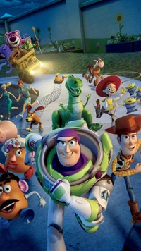 Une scène vibrante mettant en vedette des personnages bien-aimés de "Toy Story" alors qu'ils se lancent ensemble dans une aventure.