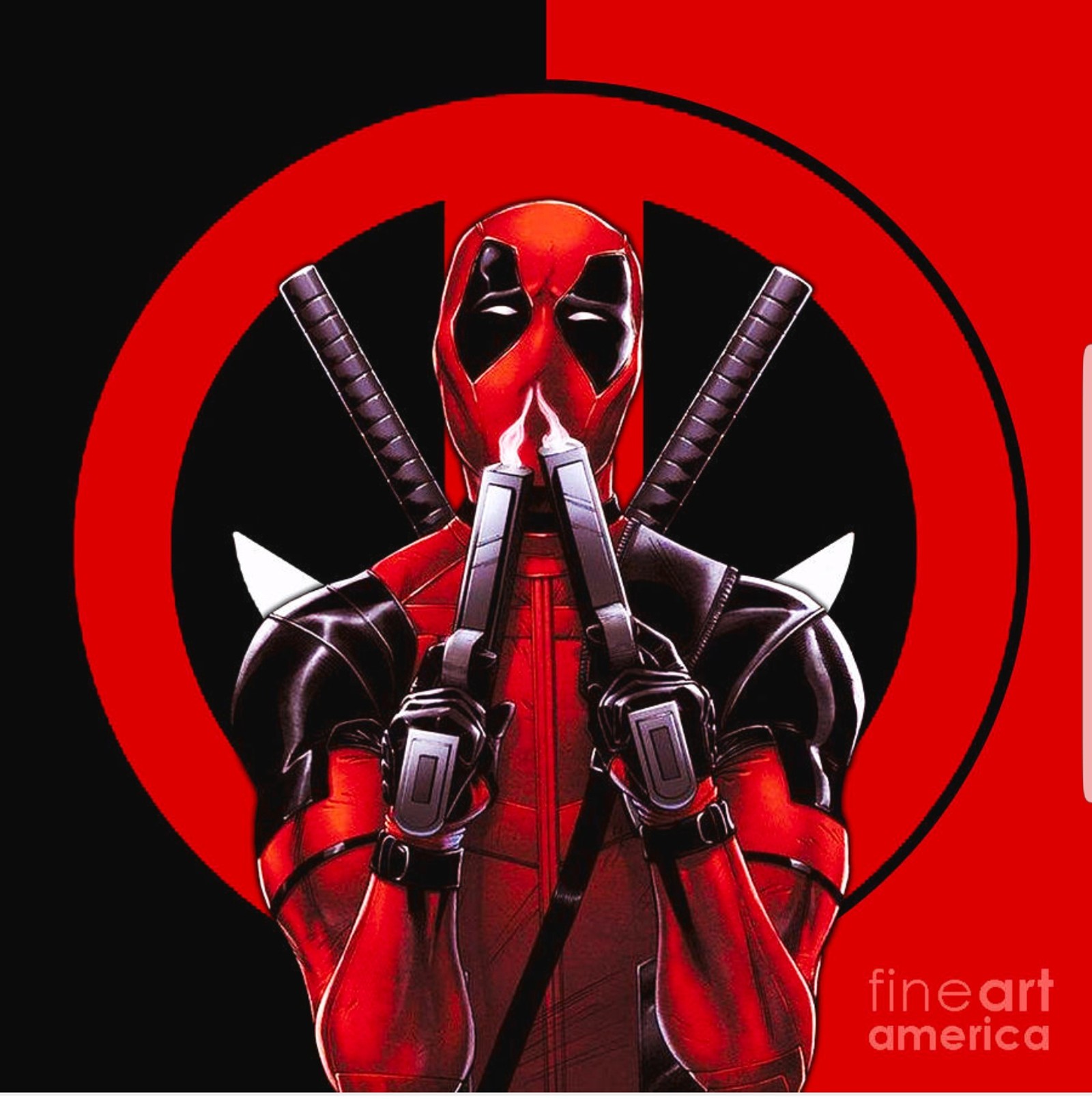 Deadpool mit zwei schwertern und einem roten kreis (marvel, superheld)