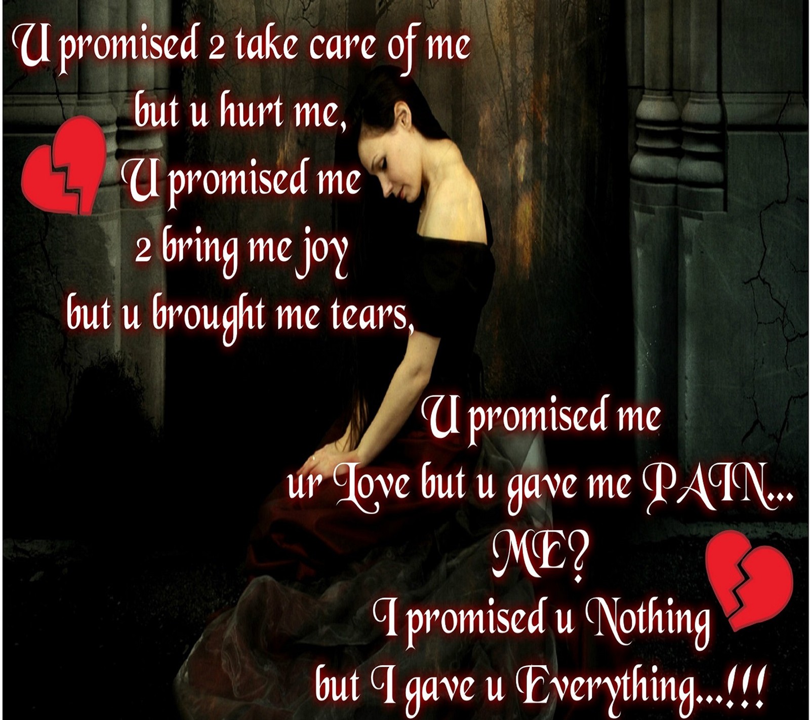 Arafnished woman sitting on the ground with a quote on it (alone, broken heart, girl, hurt me, pain)