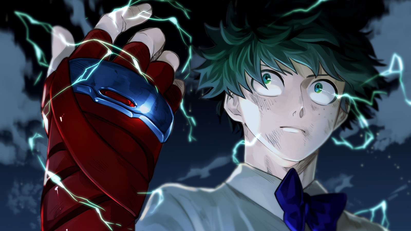 Un personnage d'anime avec des cheveux verts et des yeux bleus tenant un gant rouge (izuku midoriya, deku, boku no hero academia, my hero academia, anime)