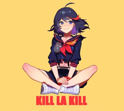 Ryuko Matoi em uma pose brincalhona com Senketsu, fundo amarelo vibrante.