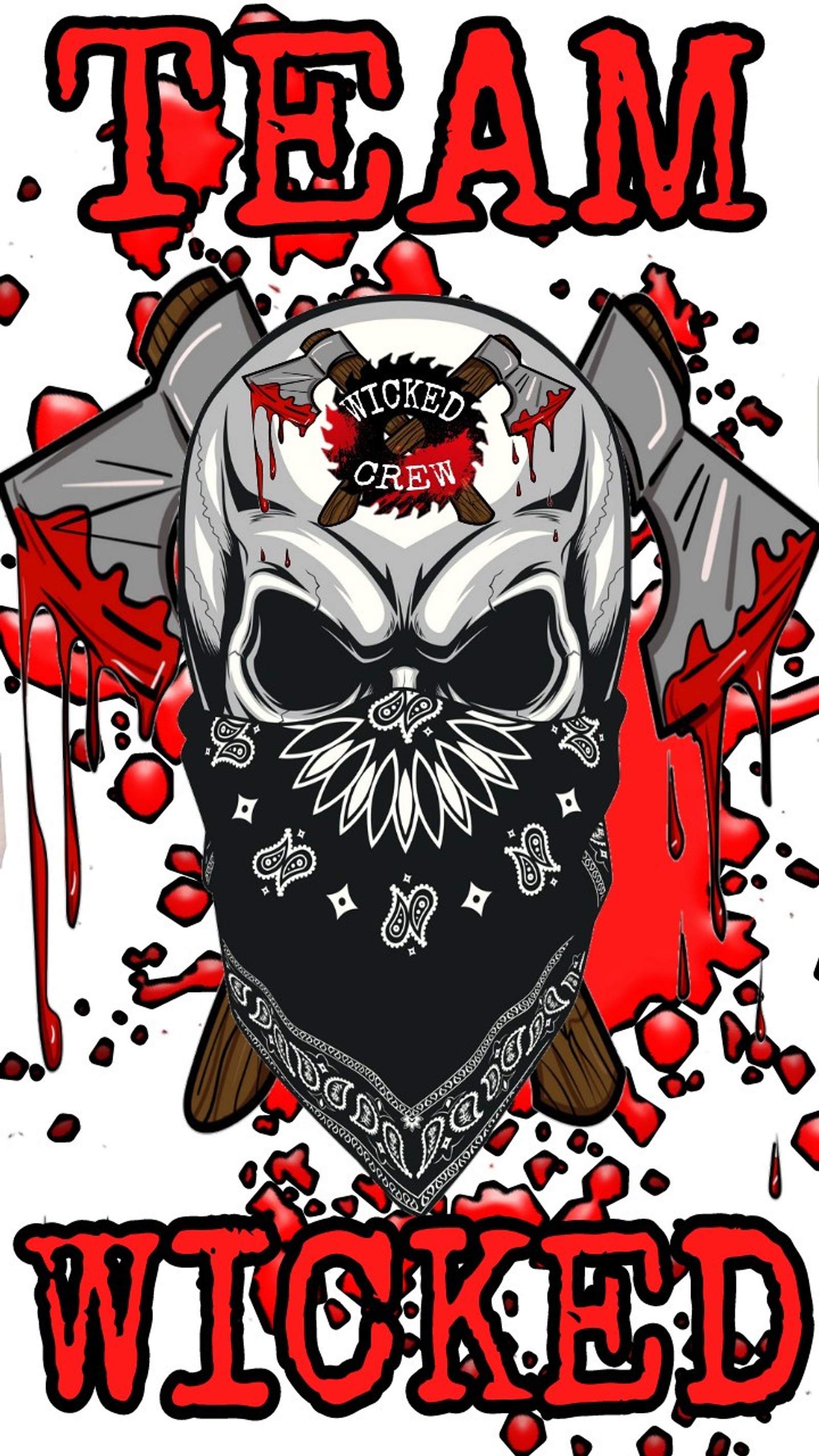 A close up of a skull with a bandana and two axes (icp, insane clown posse, juggalo, team wicked, wicked crew)