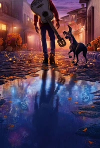 Um menino com uma guitarra caminha ao lado de seu cachorro por uma rua vibrante iluminada por lanternas ao crepúsculo, refletido em poças espalhadas com folhas de outono.