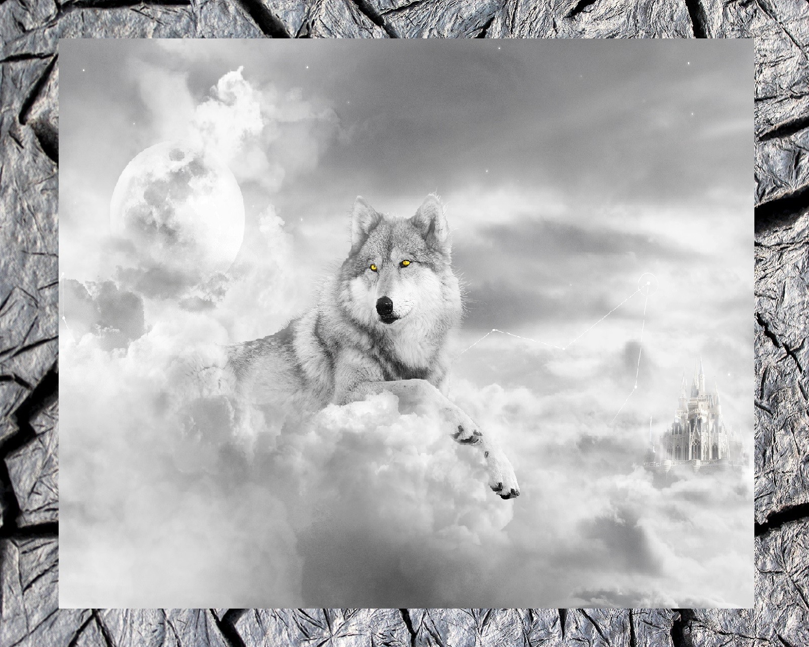 Hay un lobo sentado en las nubes. (perro, lobo)