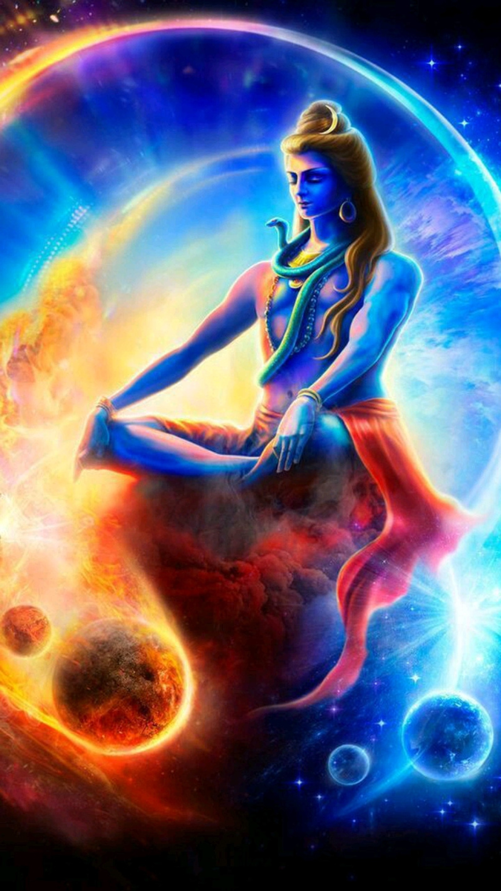 Una pintura de una mujer sentada en un planeta rodeada de planetas (mahadhev, shiva, señor)