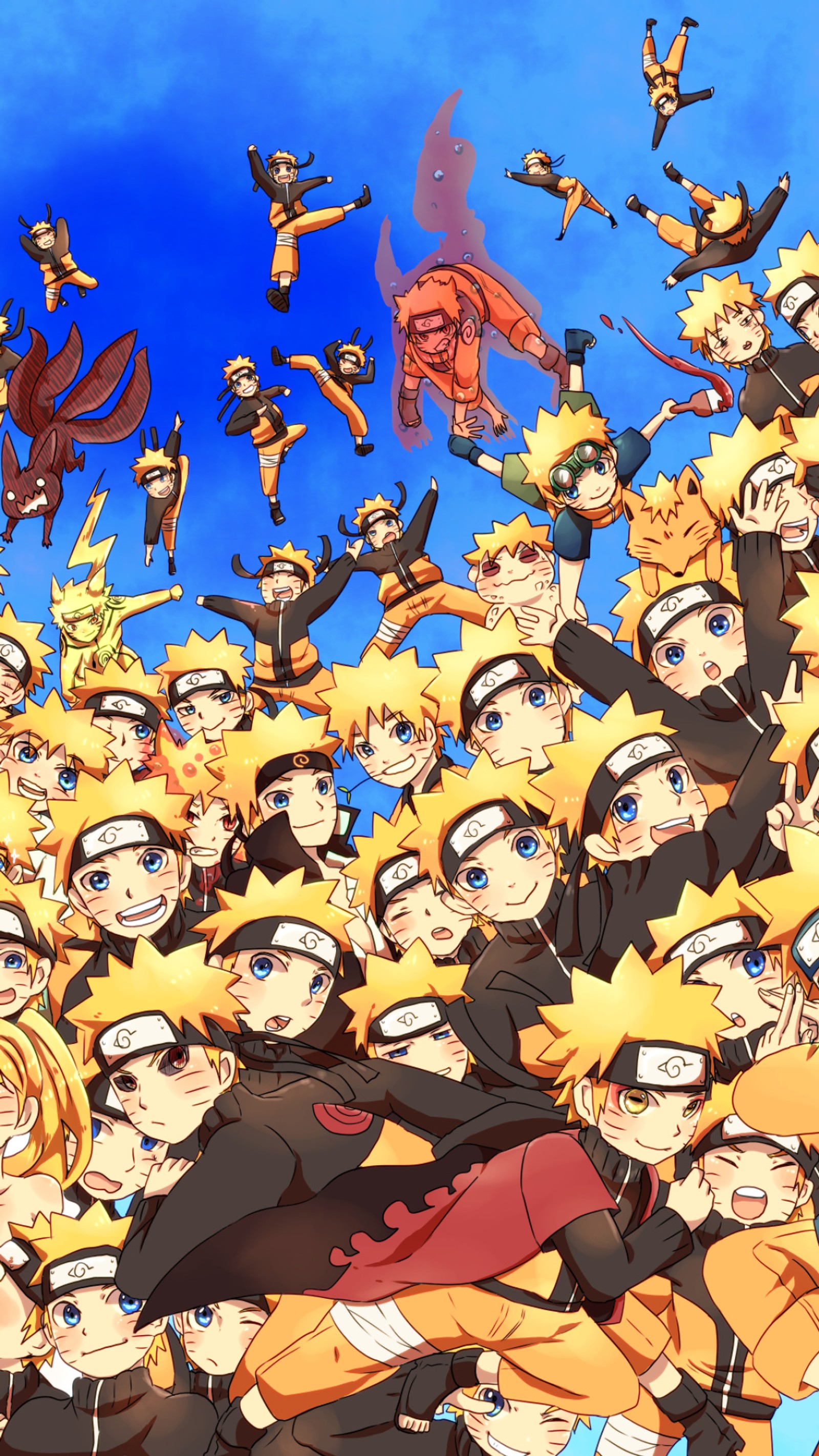 Anime characters are standing in a large group with many other characters (naruto, anime)