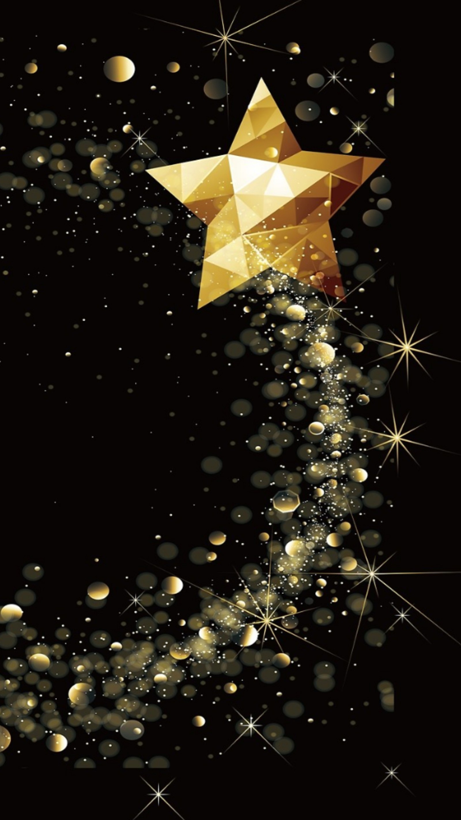 A gold star is falling from the sky with sparkling stars (black, christmas, glitter, polygon, shine)