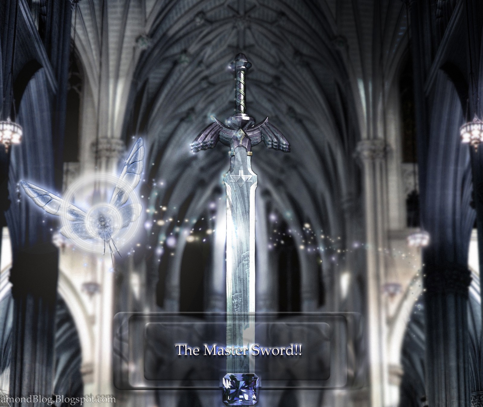 A close up of a sword in a cathedral with a light shining (art, fan, hd, master, nintendo)