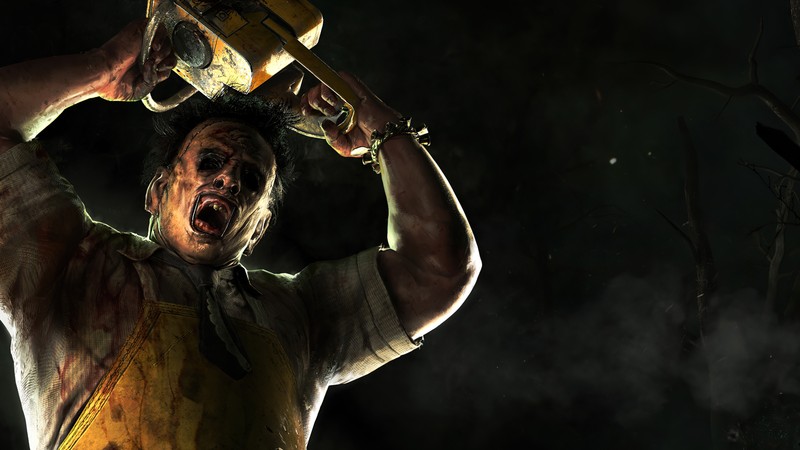 Мужчина, держащий бензопилу в руках в темной комнате (leatherface, каннибал, dead by daylight, видеоигра)