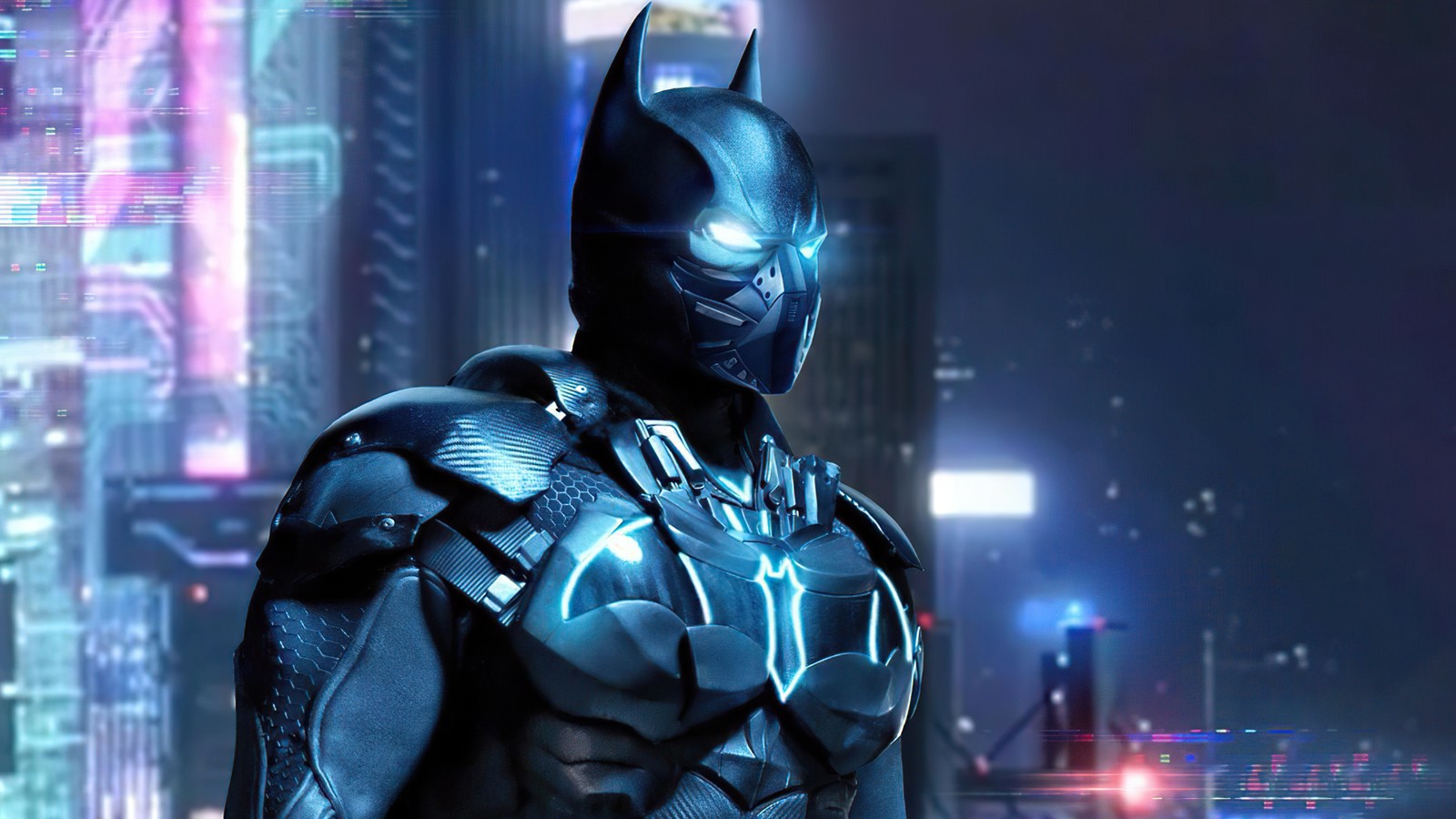 Batman arkhamn in the city at night (batman, superhero, dc comics, electric blue, machine)