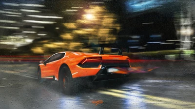 Supercoche Lamborghini dinámico en paisaje urbano nocturno