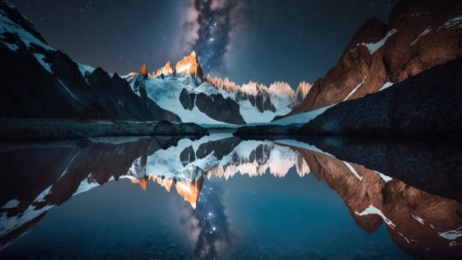 A mountain range with a lake and a milky in the sky (mountains, milky way, scenery, ai art, lake)