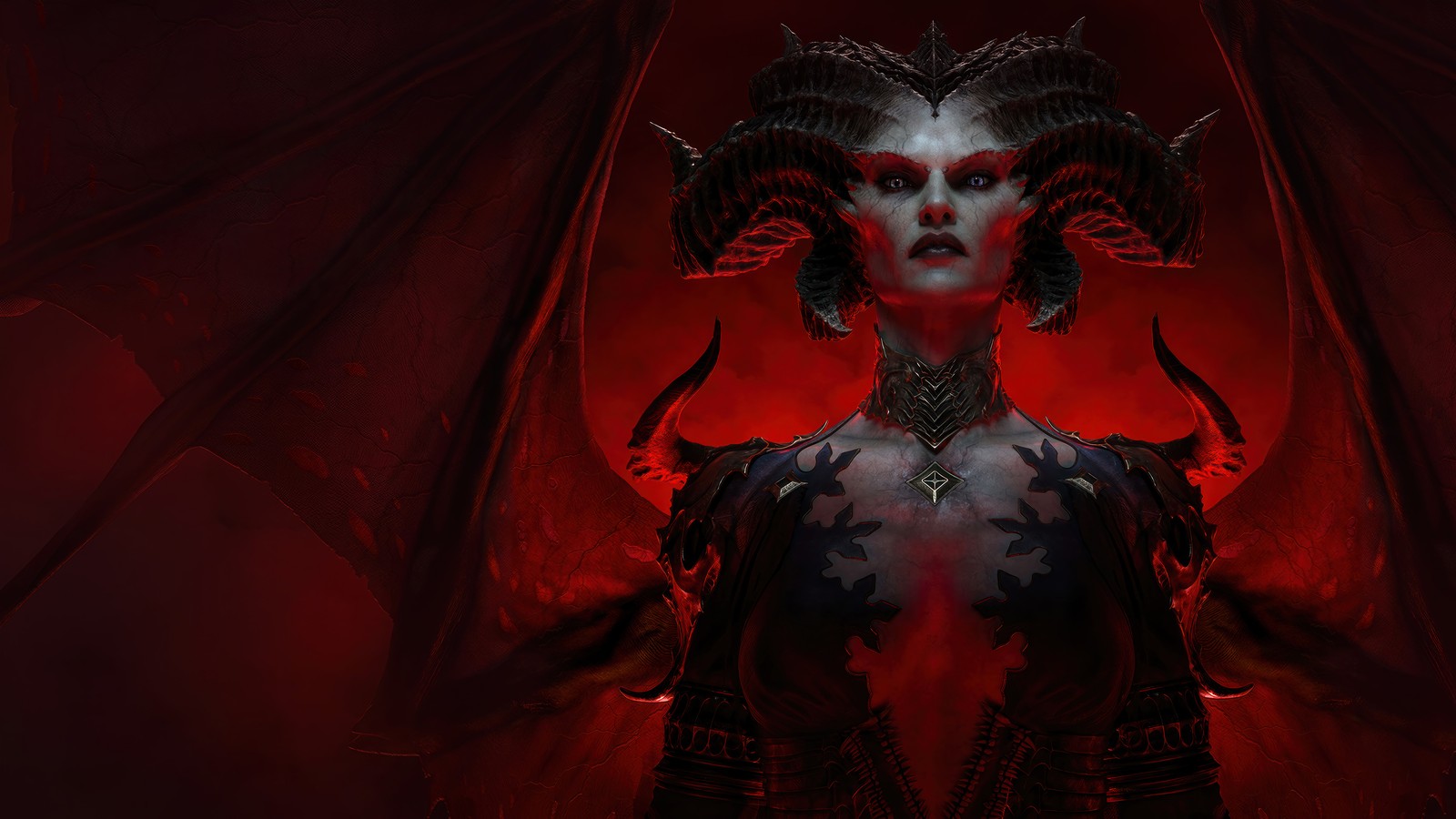 Una mujer con cuernos y cara demoníaca en una habitación oscura (lilith, diablo iv, videojuego, diablo 4)