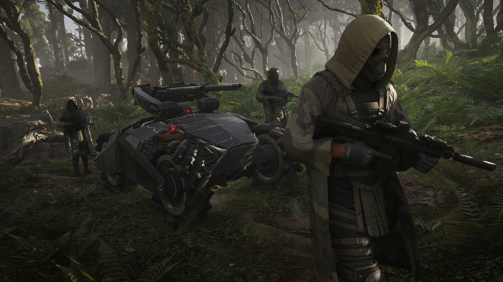 Dos personas en el bosque con una motocicleta y una motocicleta (ghost recon breakpoint, videojuego)