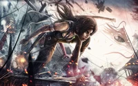 Lara Croft, the fierce woman warrior from "Tomb Raider," navigates a chaotic landscape, embodying strength and resilience amidst a backdrop of destruction and adventure.