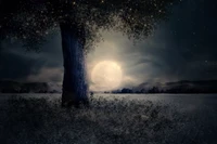 Surreal Night Landscape Under a Full Moon