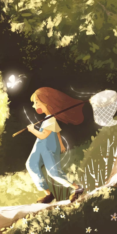 Une illustration fantaisiste d'une jeune fille avec un filet à papillons, explorant un chemin forestier baigné de soleil, incarnant l'esprit d'aventure et de curiosité.