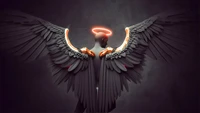 Digital art of a figure with luminous angel wings and a glowing halo, set against a dark background.