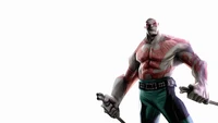 Drax le Destructeur, un super-héros musclé de l'univers cinématographique Marvel, se tient avec confiance avec des dagues doubles, mettant en valeur sa présence puissante et ses tatouages frappants.