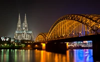 ponte, marco, noite, reflexo, cidade