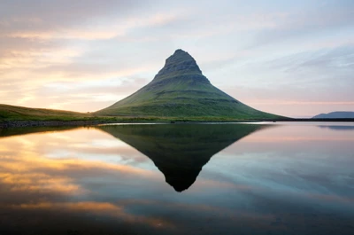 Tranquil Dawn Reflection of Kirkjufell Mountain