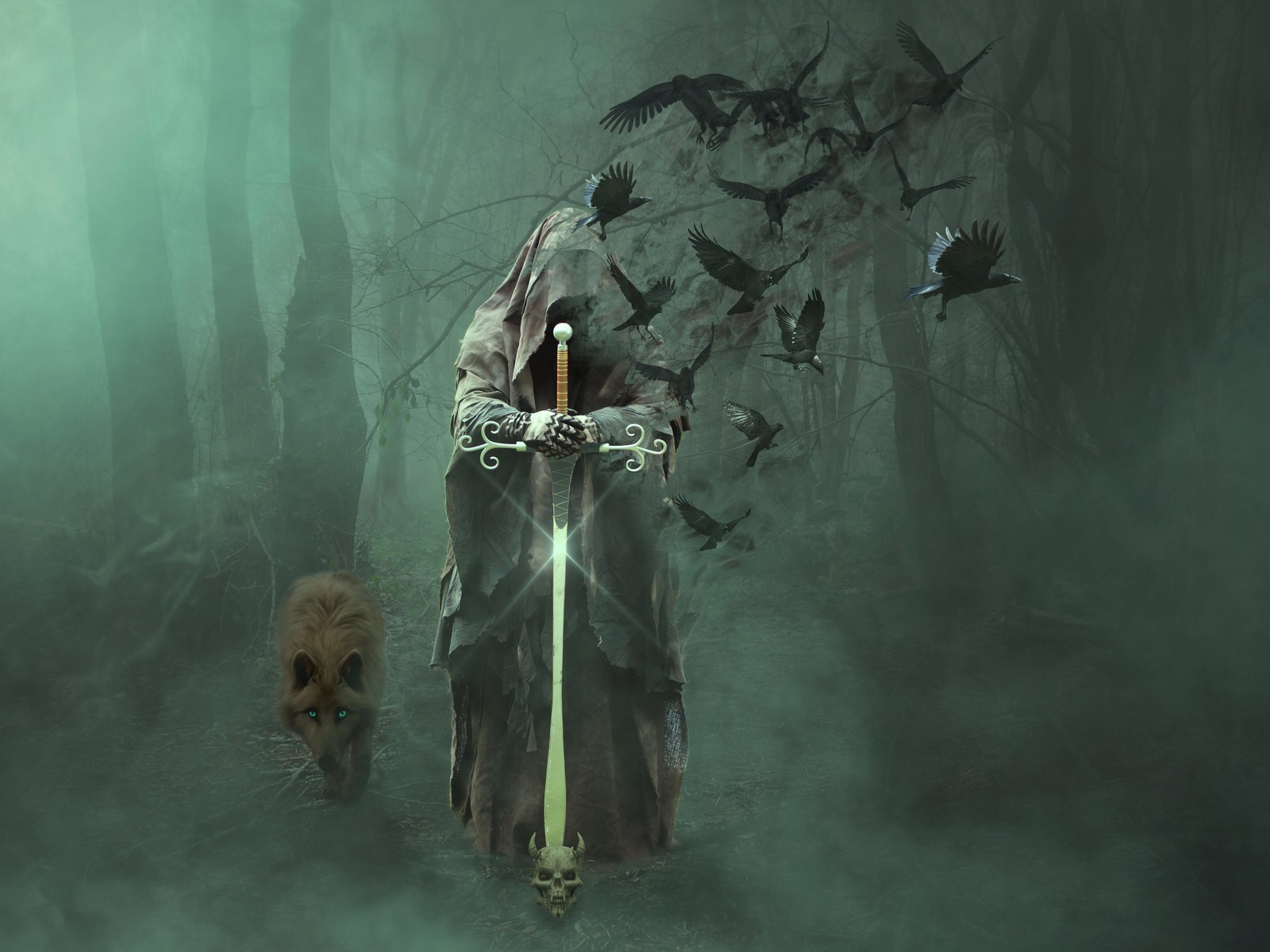 Arafed man in a hooded robe holding a sword and a dog (fantasy, magician, digital compositing, illustration, art)