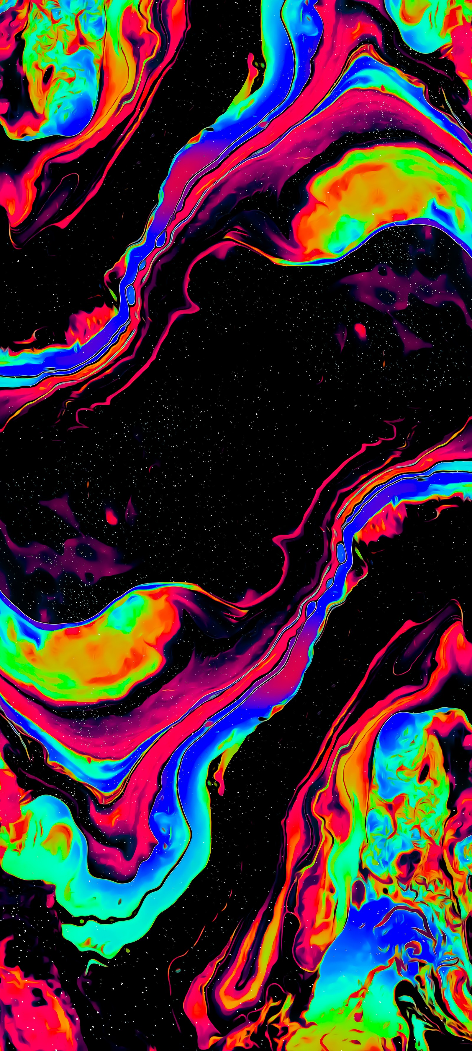 Gros plan d'une substance liquide colorée sur fond noir (art, rouge, magenta, bleu électrique, motif)