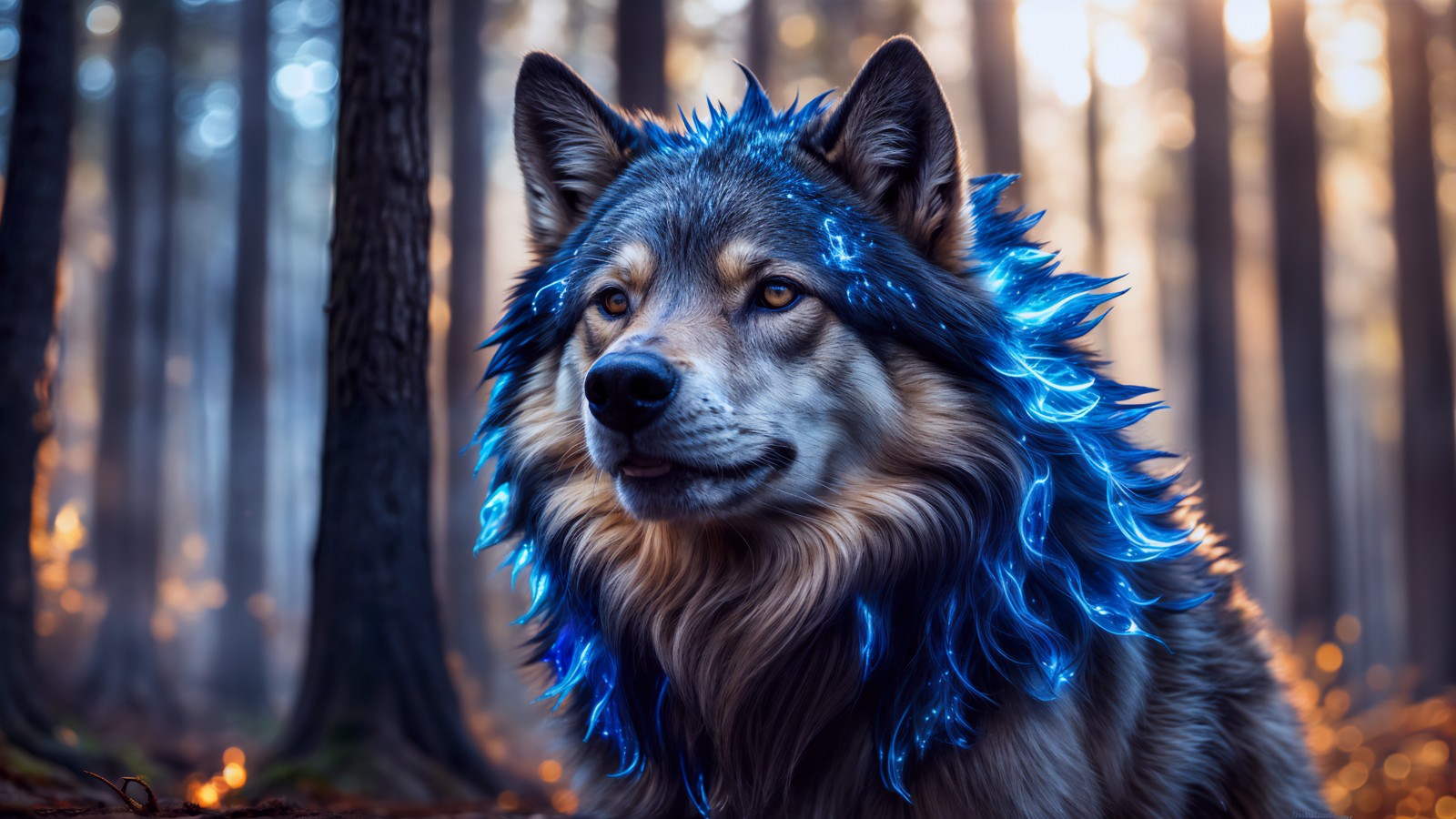 Hay un perro con una bufanda azul en la cabeza (perro lobo, arte de ia, ai art, místico, animales)