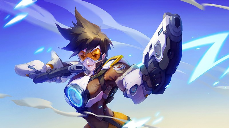 Крупный план человека, держащего пистолет в небе (tracer, overwatch, видеоигра)