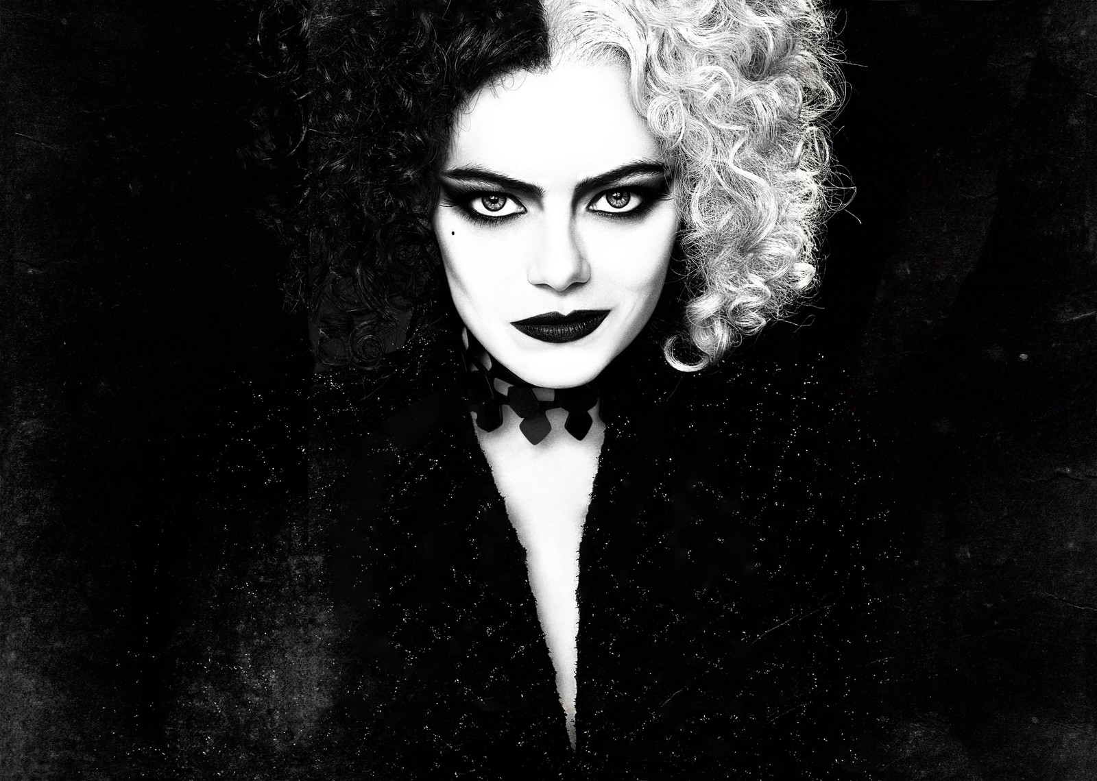 Arafed black and white photograph of a woman with a black and white make up (emma stone, cruella, 2021 movies, black background, monochrome)