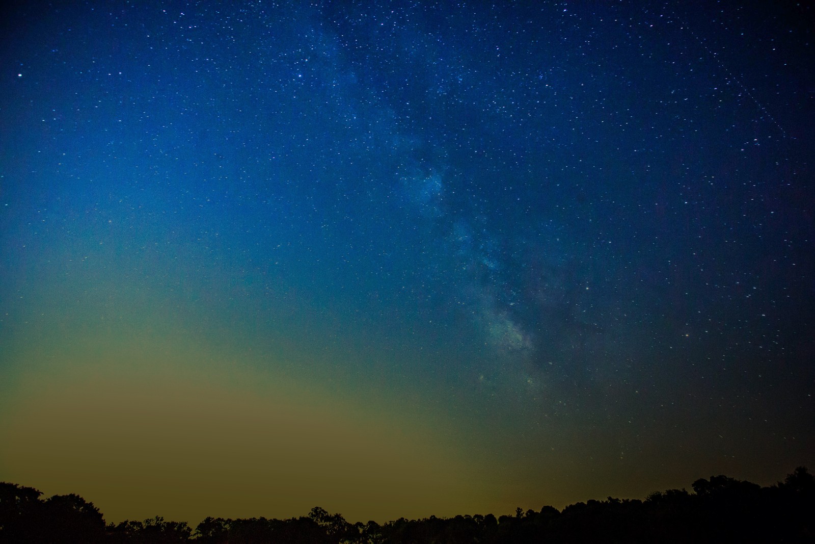 A view of a field with a sky full of stars and a green and blue sky (atmosphere, aurora, night, horizon, star)