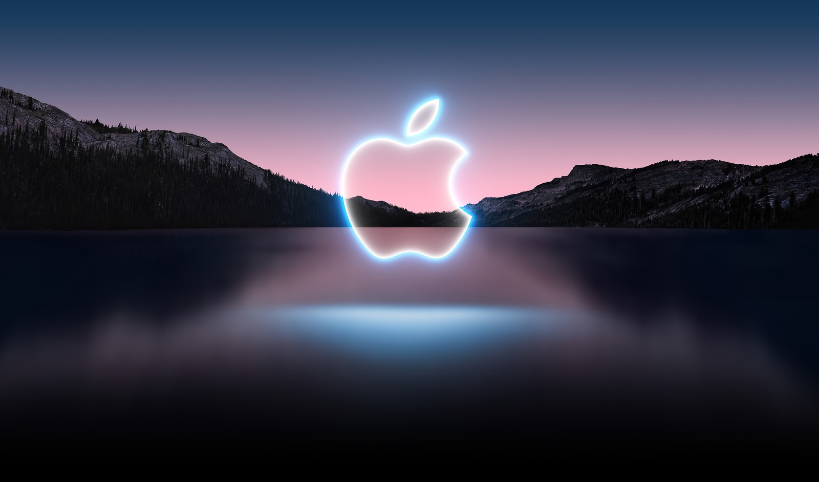 apple logo, glowing, reflection, lake, mountains wallpaper