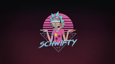 Ilustración de Schwifty Rick Sanchez en estilo synthwave