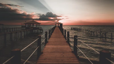 pier, horizont, meer, sonnenuntergang, ozean