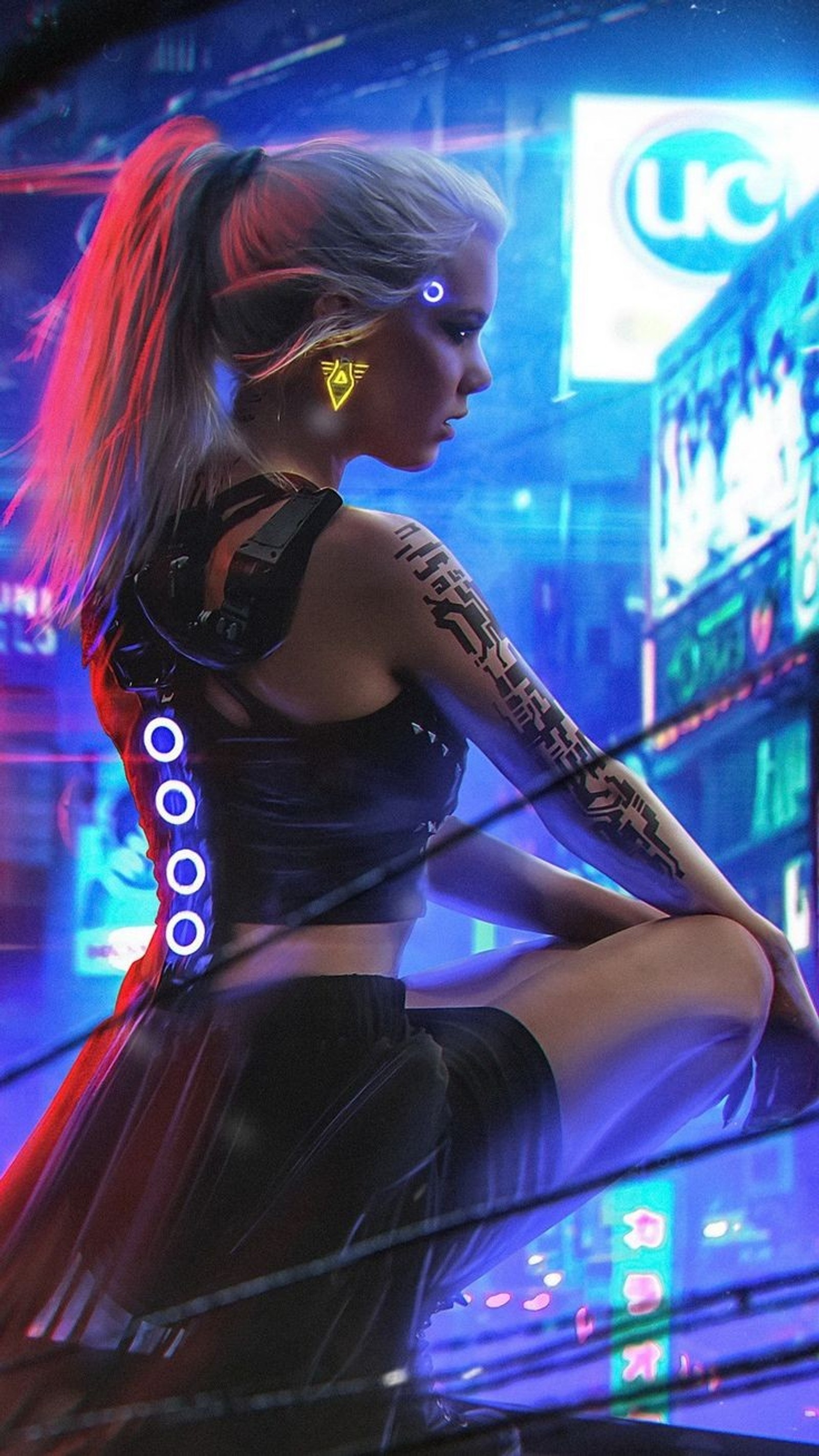 There is a woman with a tattoo on her arm sitting on a ledge (cyberpunk 2077, cyberpunk, arm, light, blue)