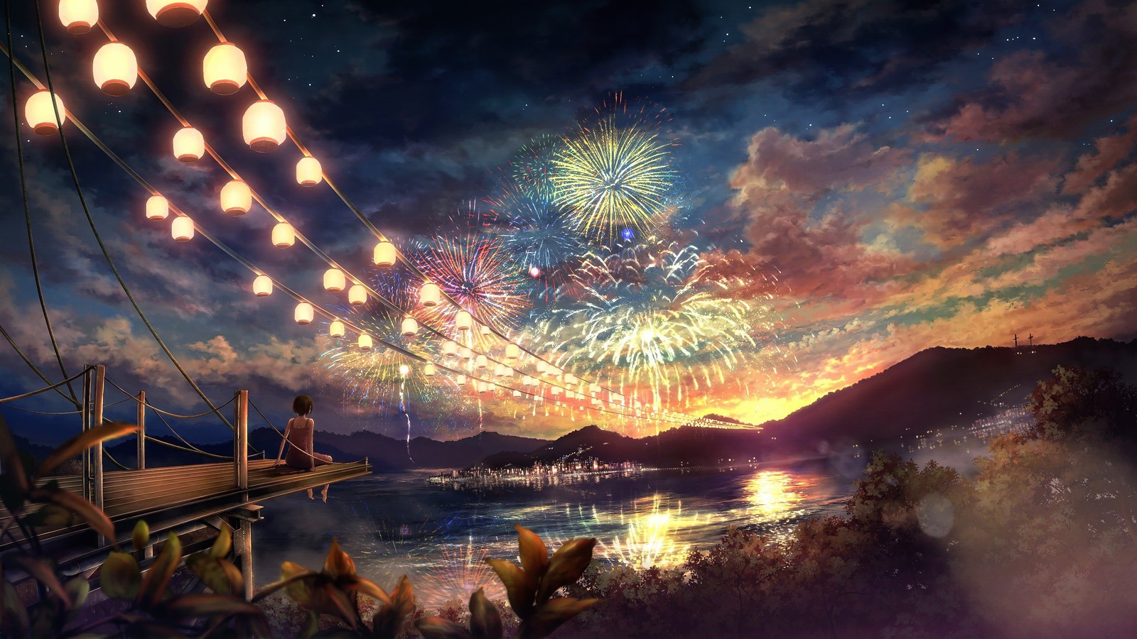 Fireworks over a lake with a bridge and a person sitting on a bench (anime, fireworks, festival, scenery, lanterns)