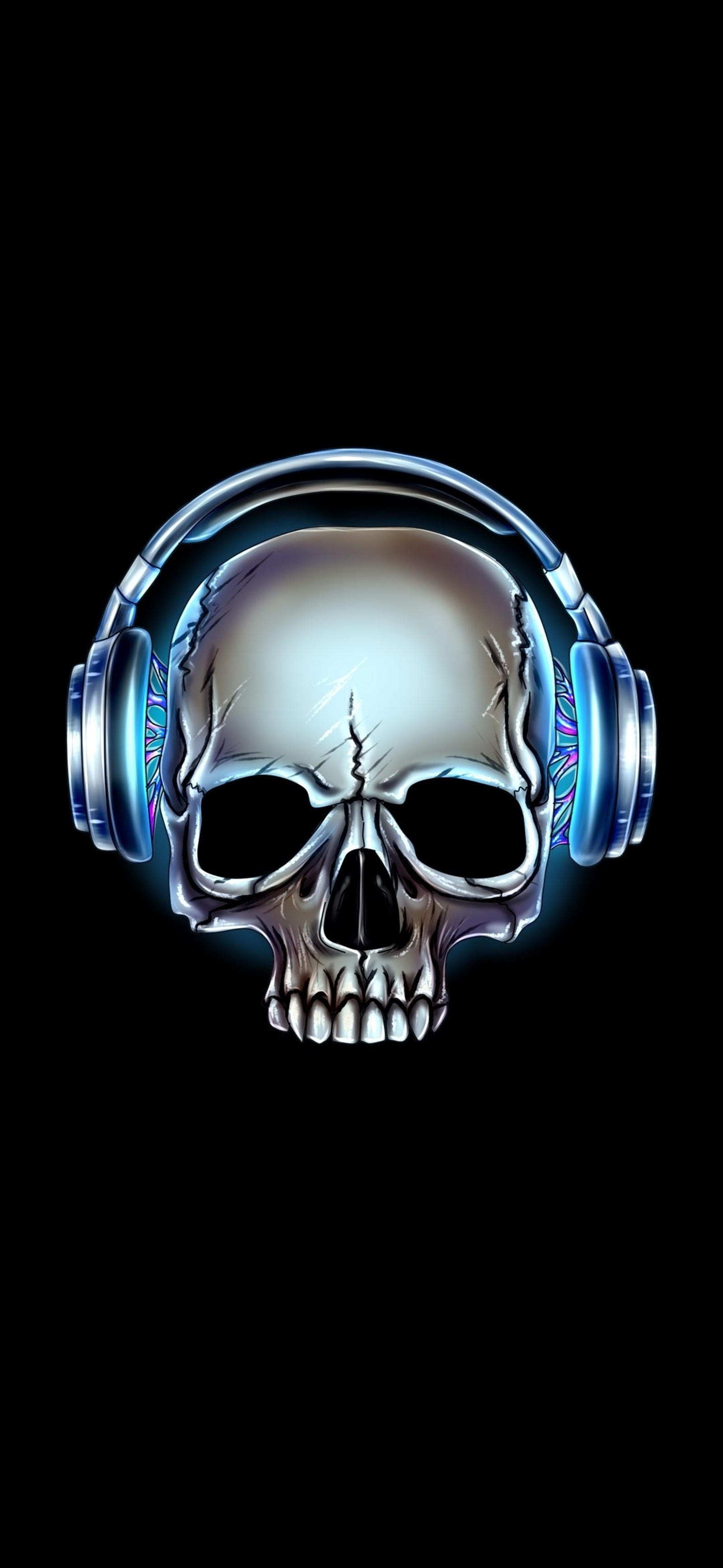 A close up of a skull with headphones on a black background (headphones, ring, wedding ring, eyewear, head)