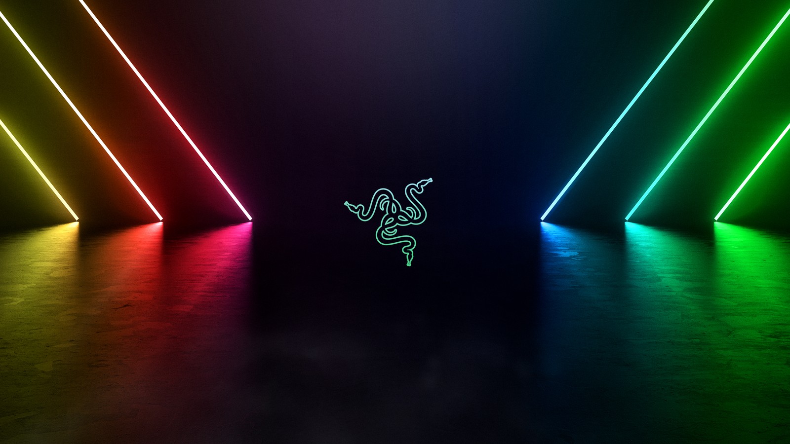 A close up of a neon lit room with a computer mouse (razer, logo, neon, colorful, modern lighting)