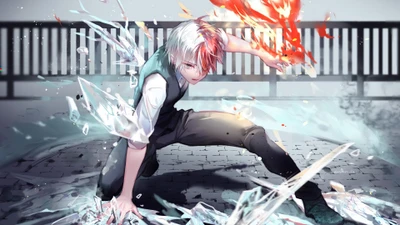 Shoto Todoroki desatando sus poderes duales en una escena de batalla dinámica.