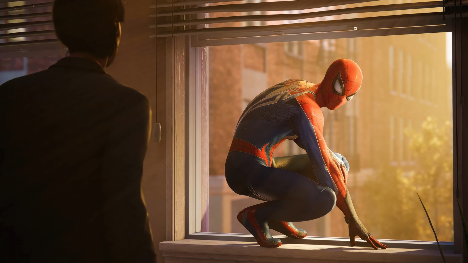 Spider - man in a suit is looking out a window (marvels spider man 2, video game, marvel, spider man, spiderman)