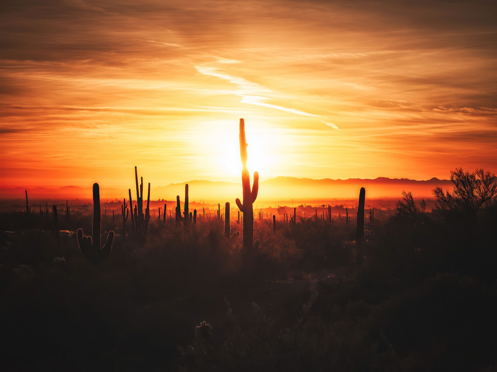 Imagem aráfida de um deserto com um pôr do sol e um cacto (nuvem, atmosfera, planta, ecorregião, paisagem natural)