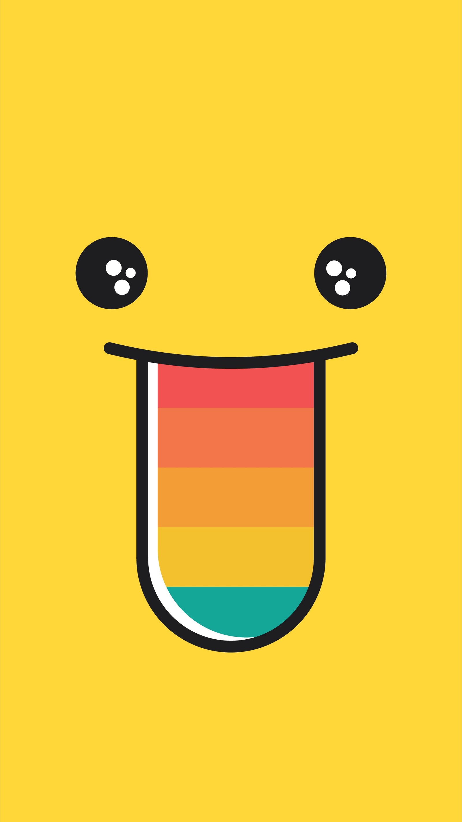 Gelber hintergrund mit einem regenbogenfarbenen gesicht und zwei augen (smiley, lächeln, geste, rechteck, kunst)