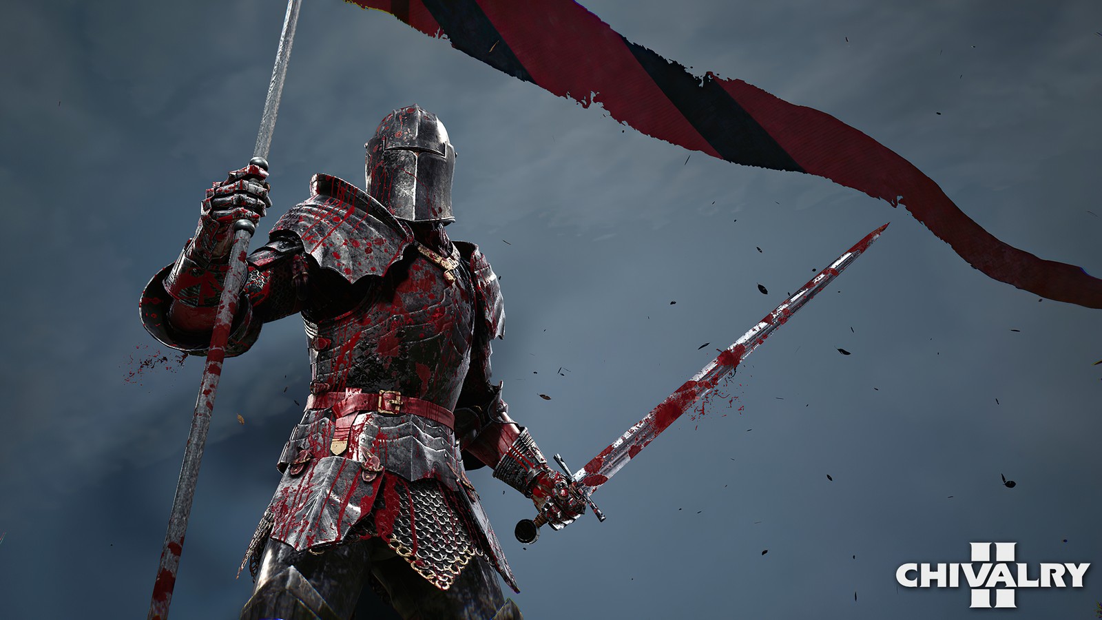 A man in armor holding a flag and a sword (chivalry 2, video game, knight, banner)