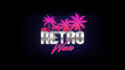 Retrowave-Ästhetik mit Neonpalmen auf schwarzem Hintergrund