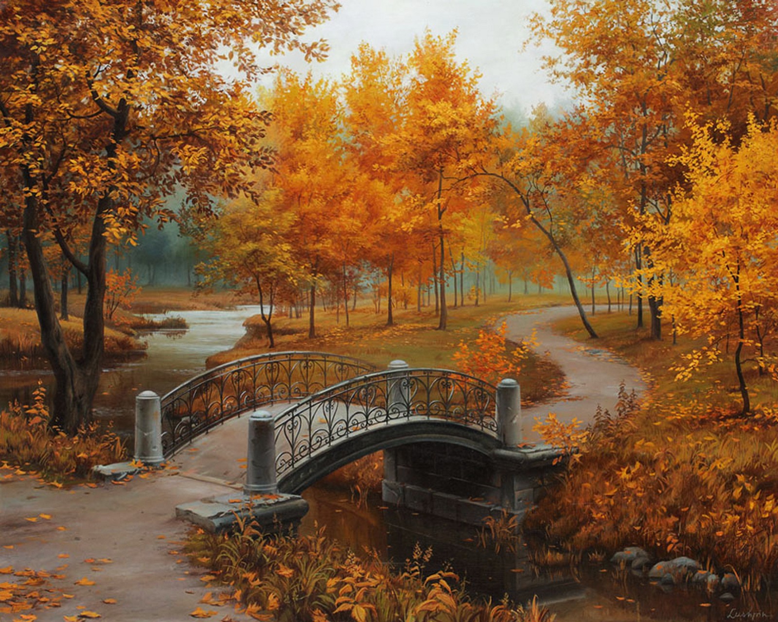 Painting of a bridge over a stream in a park with trees (art, bridge, fine lushpin, forest, leaves)